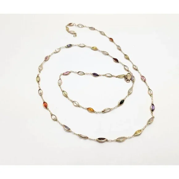Unique 14K Solid Yellow Gold Multi Colored Gemstone Link Chain Necklace - 24" L